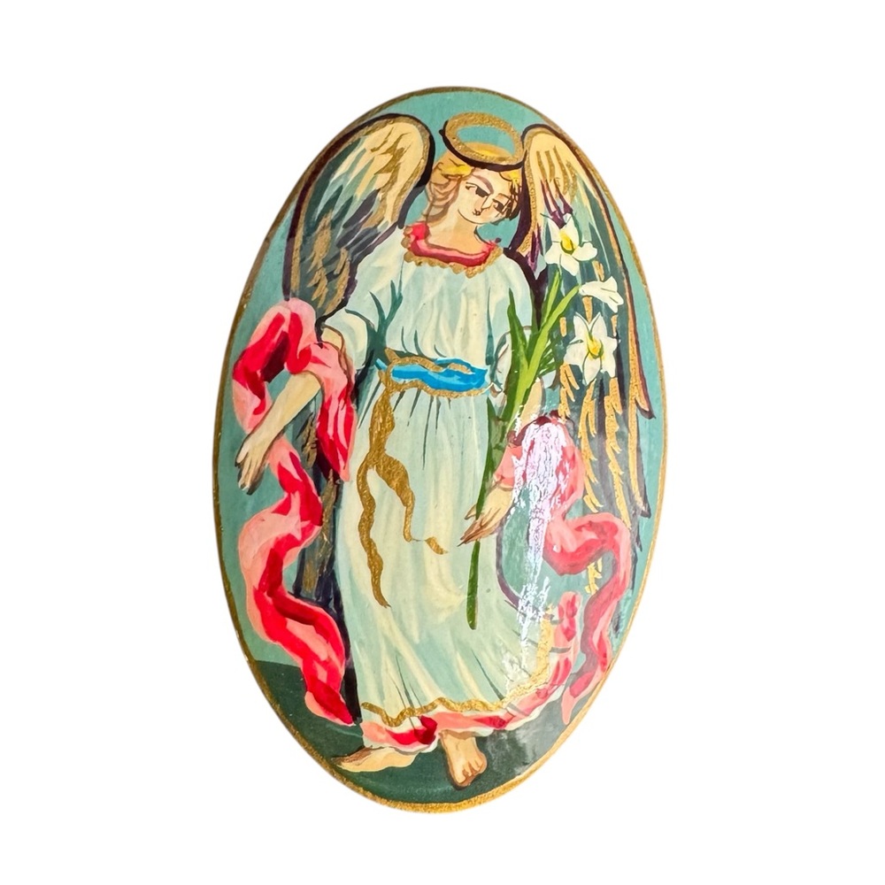 Vintage Angel Brooch Hand Painted Pin‎ Religious Saint Mary Oval Signed